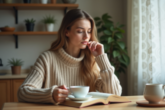 Jeune femme lisant un livre d'astrologie au matin