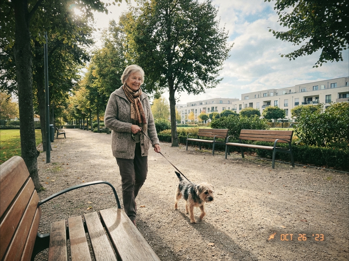 Femme âgée se promenant dans un parc tranquille avec son chien