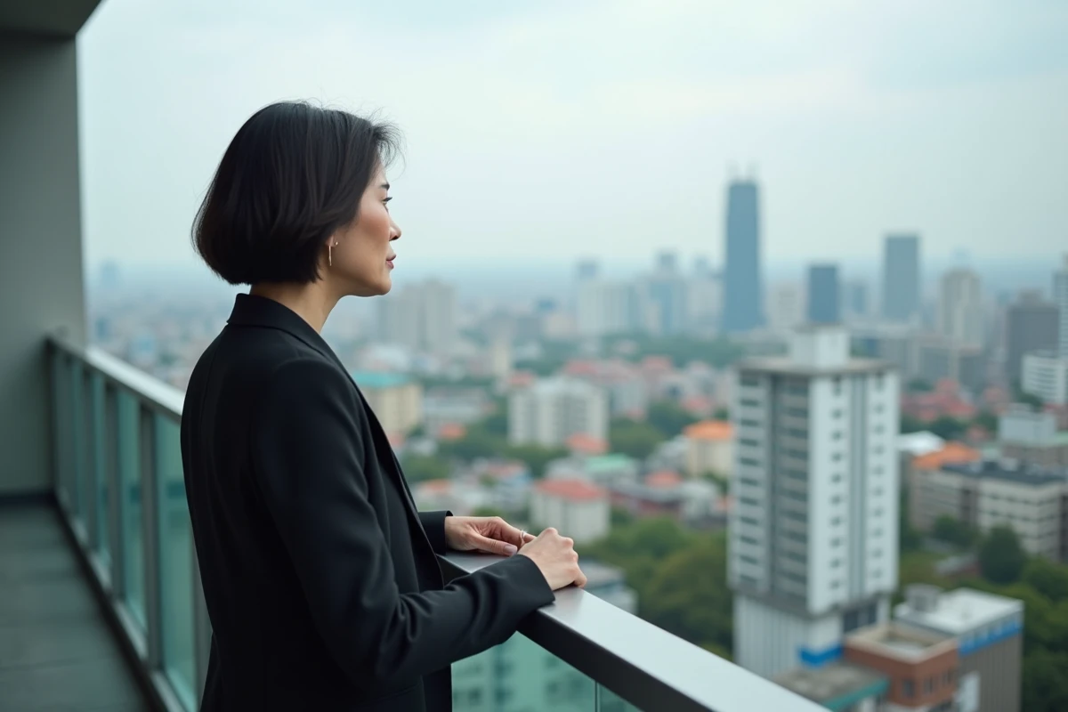 Femme regardant la ville depuis un balcon en hauteur