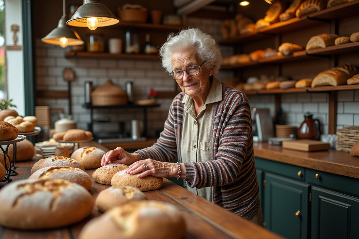 Femme âgée dans une boulangerie arrangeant du pain frais