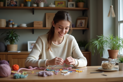 Jeune femme créant un bracelet en fil coloré dans un salon chaleureux
