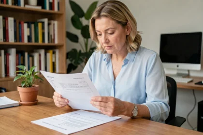 Une femme consulte les nouvelles règles du chèque vacances Scolinfo 2026 sur des documents imprimés dans un bureau à domicile