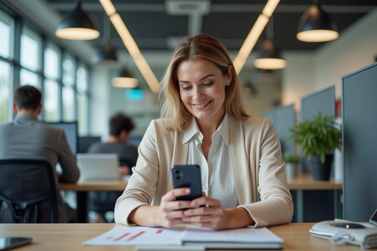 Femme en tenue professionnelle utilisant un ordinateur au bureau
