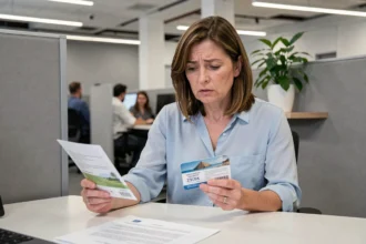 Femme au bureau tenant un chèque-vacances Agirc Arrco et lisant une lettre de refus