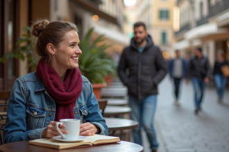 Jeune femme au café avec journal et café en ville