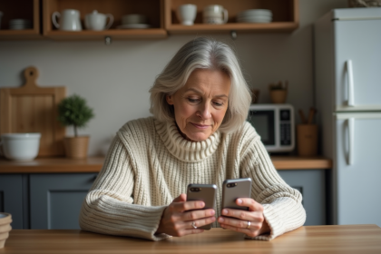 Femme d'âge moyen compare deux téléphones classiques à la maison