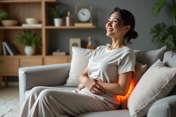 Femme d'âge moyen assise sur un canapé confortable avec coussin chauffant