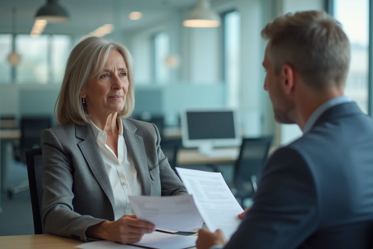 Femme retraitée discutant de ses trimestres manquants avec un conseiller retraite dans un bureau professionnel
