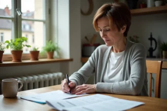 Femme consultant des documents financiers et un livret d'épargne à la maison, en lien avec l'AAH et le plafond du livret A en 2026