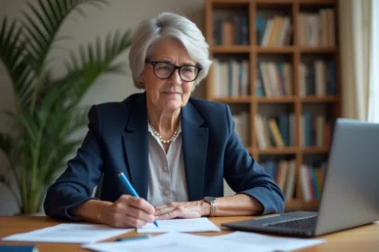 Femme de 58 ans consultant ses documents de retraite complémentaire à son bureau à domicile