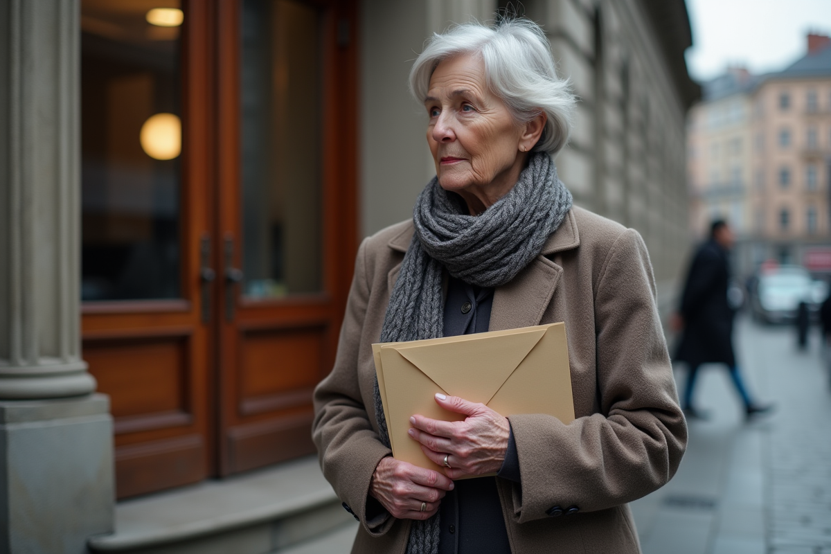 Femme âgée tenant un document devant une entrée de banque