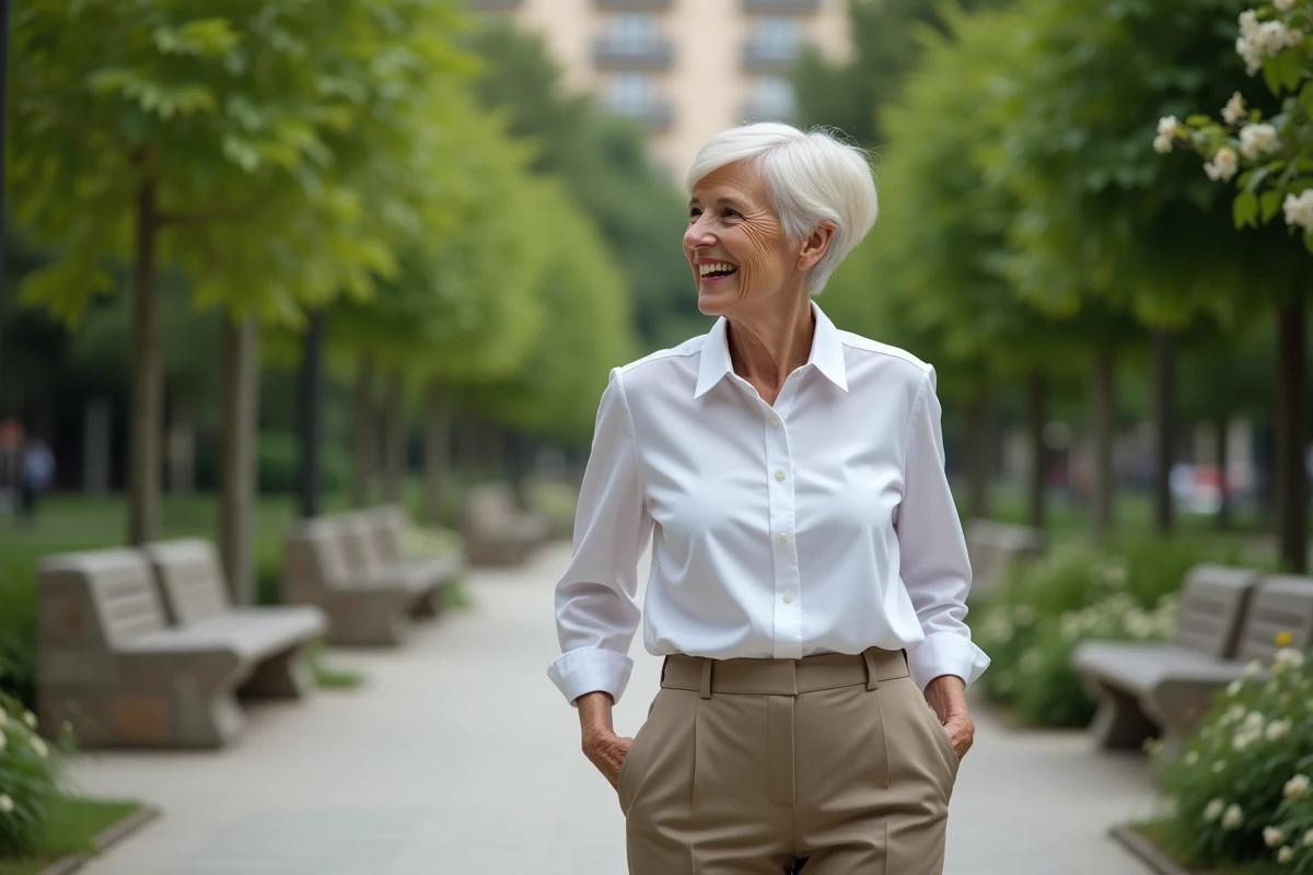Femme âgée souriante dans un parc urbain