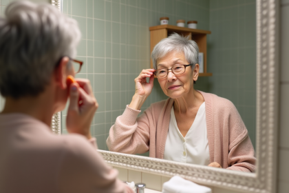 Femme âgée se coiffant dans un miroir de salle de bain