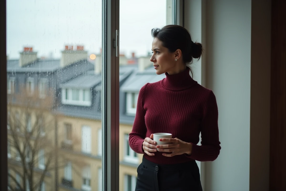 Femme élégante pensive près d'une fenêtre parisienne avec vue sur les toits, évoquant mystère et discrétion dans une relation