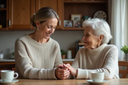 Femme d'âge moyen tenant la main de sa mère âgée à la cuisine