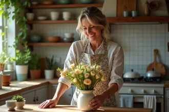 Femme arrangeant des fleurs dans une cuisine chaleureuse
