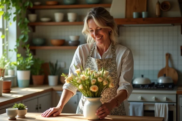 Femme arrangeant des fleurs dans une cuisine chaleureuse