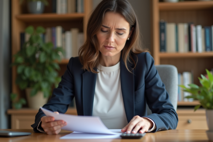 Femme d'âge moyen en tenue professionnelle examinant des documents à la maison