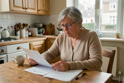 Femme retraitée en situation de handicap relisant ses documents de pension invalidité à la maison en prévision de la revalorisation d'avril 2026