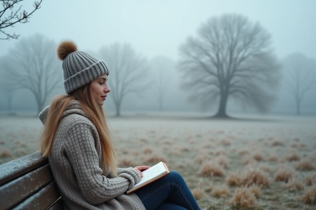 Jeune femme écrivant en plein air en hiver