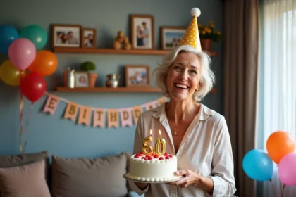 Femme souriante de 60 ans avec chapeau et gâteau d anniversaire