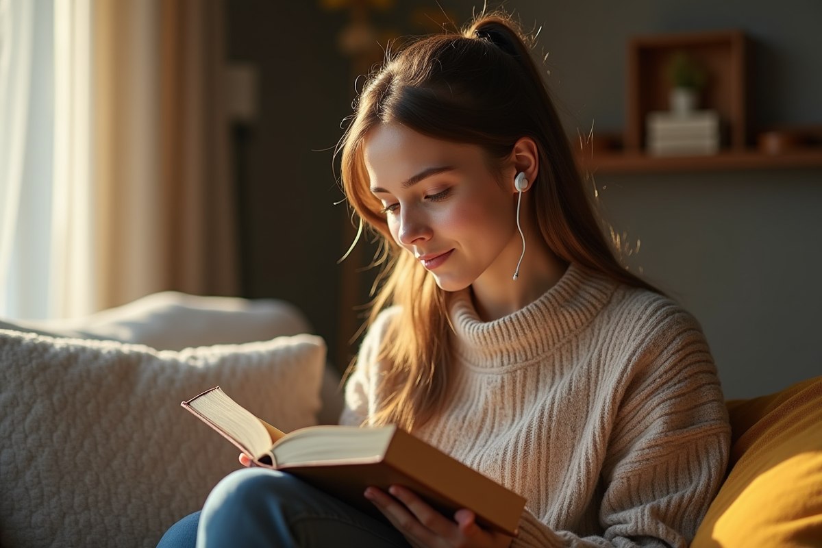 Jeune femme lisant chez elle avec aide auditive discrète