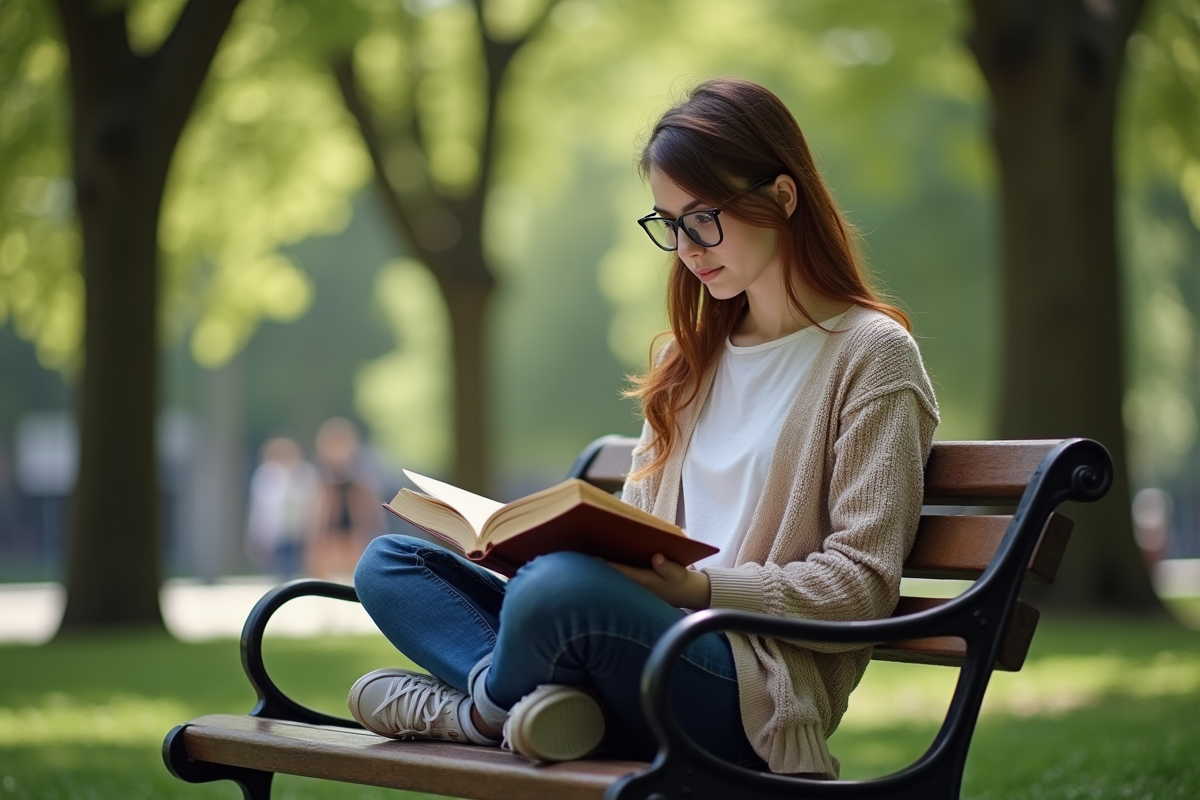 Jeune femme lisant dans un parc urbain verdoyant
