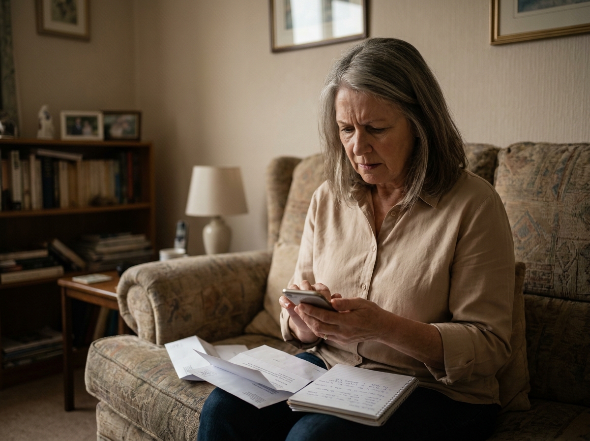Femme seule locataire sans épargne consultant son téléphone pour renseignements sur le financement des obsèques