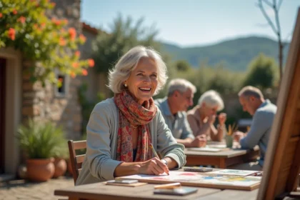 Femme souriante participant à un atelier peinture en extérieur