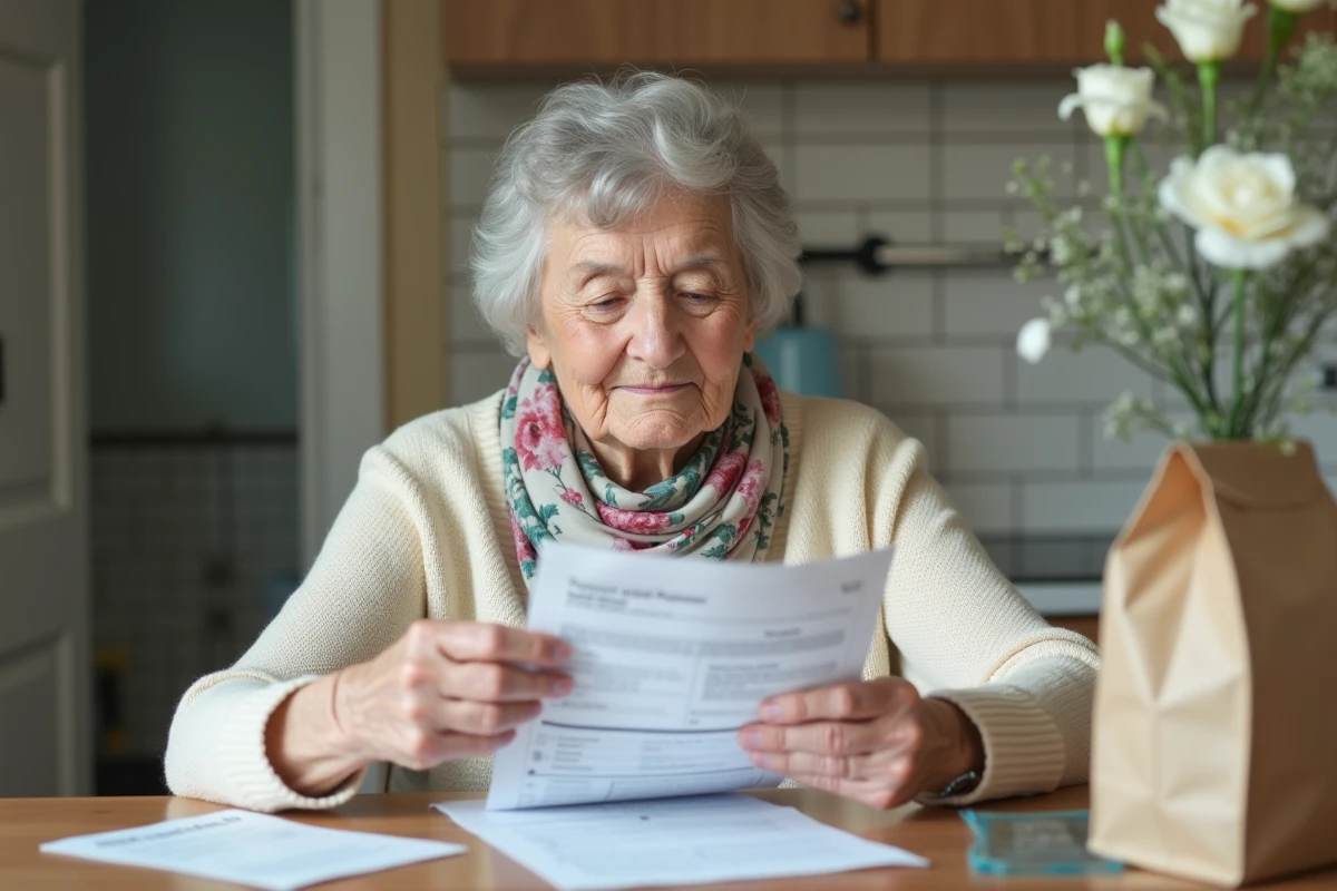 Femme âgée lisant un formulaire de remboursement à la maison