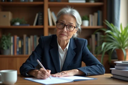 Femme en fin de carrière rédigeant une lettre de départ à la retraite avec préavis à son bureau à domicile