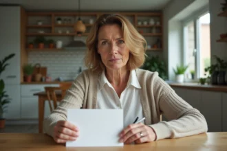 Femme réfléchissant à une carte dans une cuisine chaleureuse