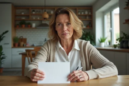 Femme réfléchissant à une carte dans une cuisine chaleureuse