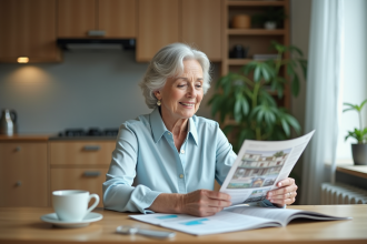 Femme âgée réfléchissant sur des brochures de logement