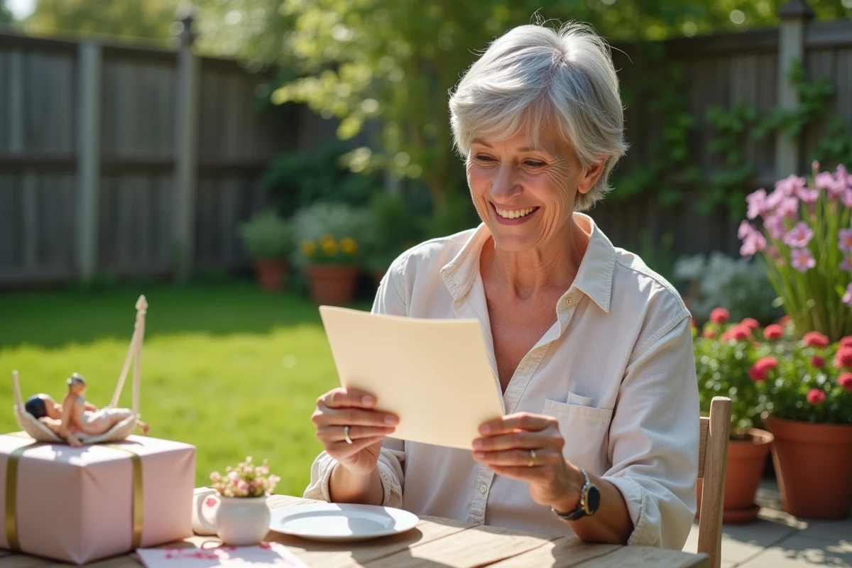 Femme à la retraite lisant une carte humoristique dans un jardin avec un gâteau retraite et des cadeaux sur une table en bois