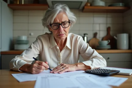 Femme retraitée examine documents de pension à la maison