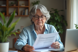 Femme d'âge moyen lisant des papiers de retraite à la maison