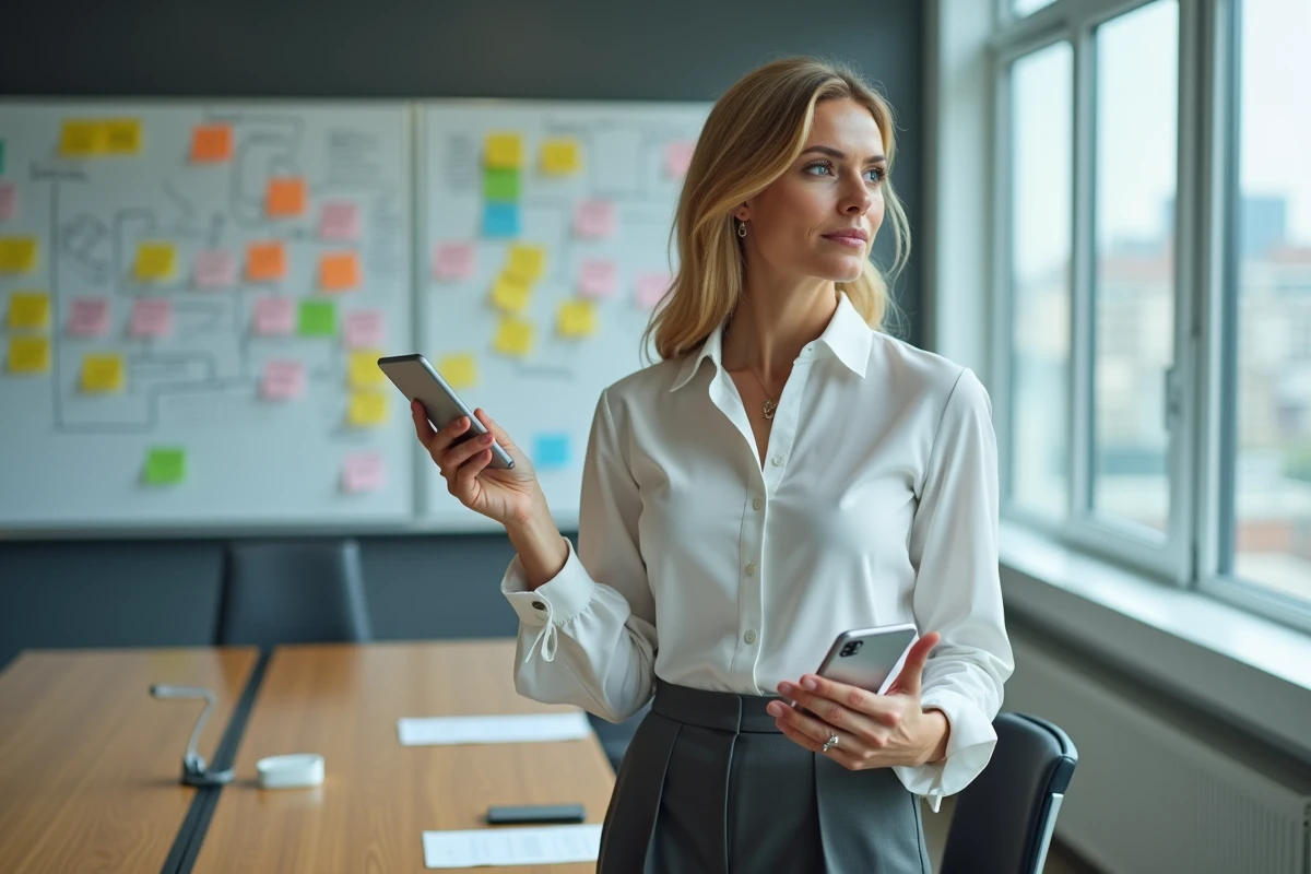 Femme en réunion avec tableau blanc et notes adhésives
