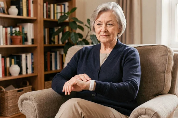 Femme senior portant un bracelet anti-chute sans abonnement dans son salon, expression rassurée et sereine