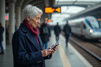 Femme senior consultant sa Carte Senior sur le quai d'une gare avant un trajet longue distance en train