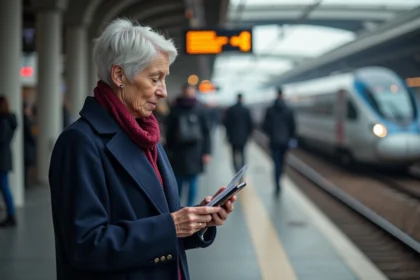 Femme senior consultant sa Carte Senior sur le quai d'une gare avant un trajet longue distance en train