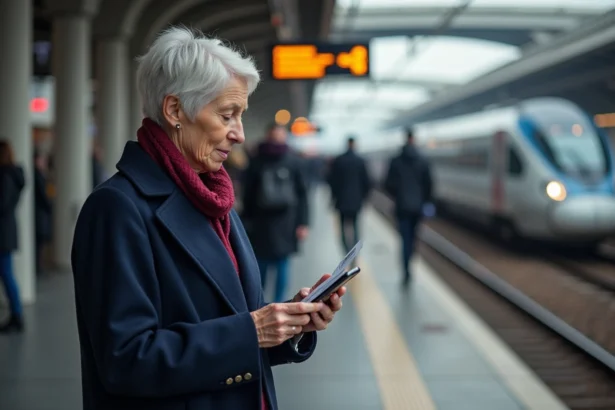 Femme senior consultant sa Carte Senior sur le quai d'une gare avant un trajet longue distance en train