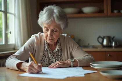 Femme senior concentrée remplissant un formulaire dans la cuisine