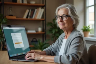 Femme senior utilisant un ordinateur portable pour accéder à son espace personnel Carsat Normandie ou FranceConnect depuis son bureau à domicile