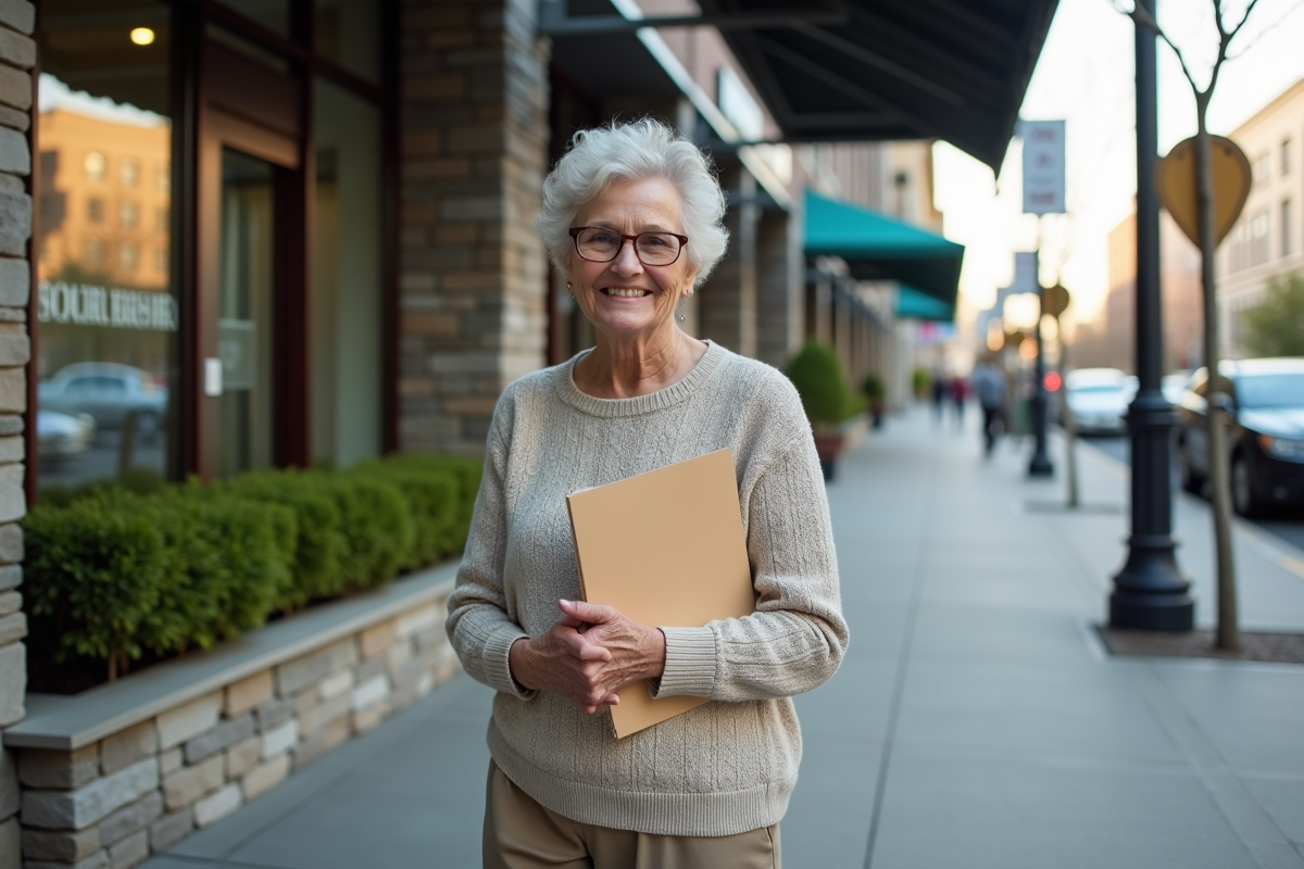 Femme senior souriante devant une agence bancaire urbaine