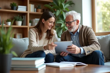 Femme senior discutant avec un homme dans un salon lumineux