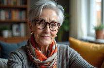 Femme senior élégante souriante dans un salon lumineux