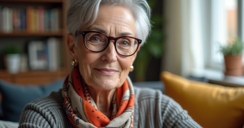 Femme senior élégante souriante dans un salon lumineux