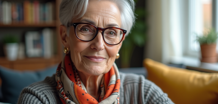 Femme senior élégante souriante dans un salon lumineux