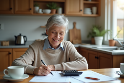Femme senior souriante gérant ses finances à la maison